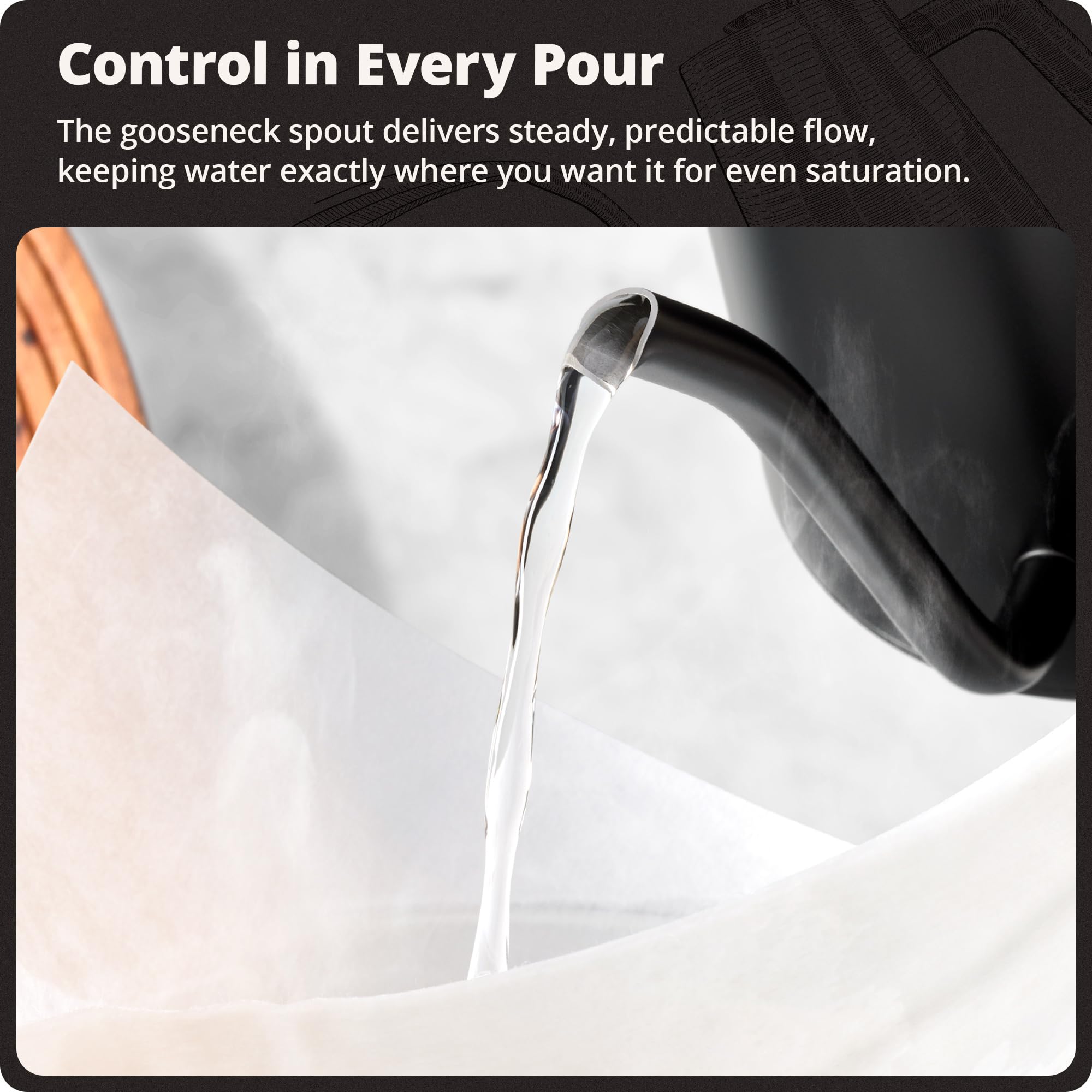 Greater Goods - Bollitore elettrico a collo di cigno in acciaio inox da 1200 W, con controllo di precisione della temperatura, ebollizione rapida, senza BPA, ideale per versare caffè e tè, 0,8 l (nero