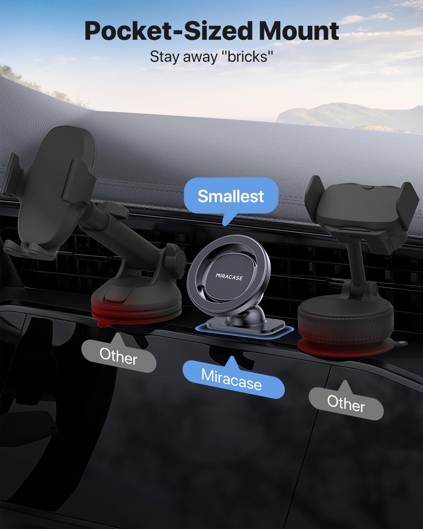 Miracase Latest Upgrade for MagSafe Car Mount [33+LBS Strong Suction & 2200gf Magnetic] Small Phone Holders for Your Car Dashboard, 360° Adjustable Car Phone Holder Mount for iPhone Garmin GPS view 3