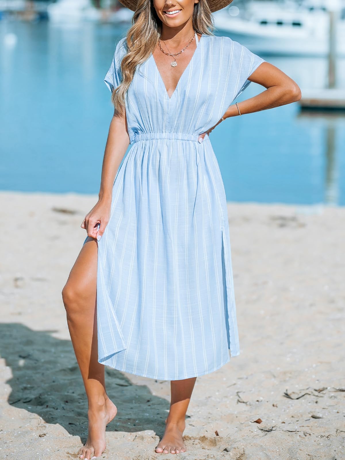 CUPSHE Damen Bikini Cover Up Strandkleid V-Ausschnitt Kurzarm Seitenschlitz Elastikbund Sommerkleid Beach Midi Dress