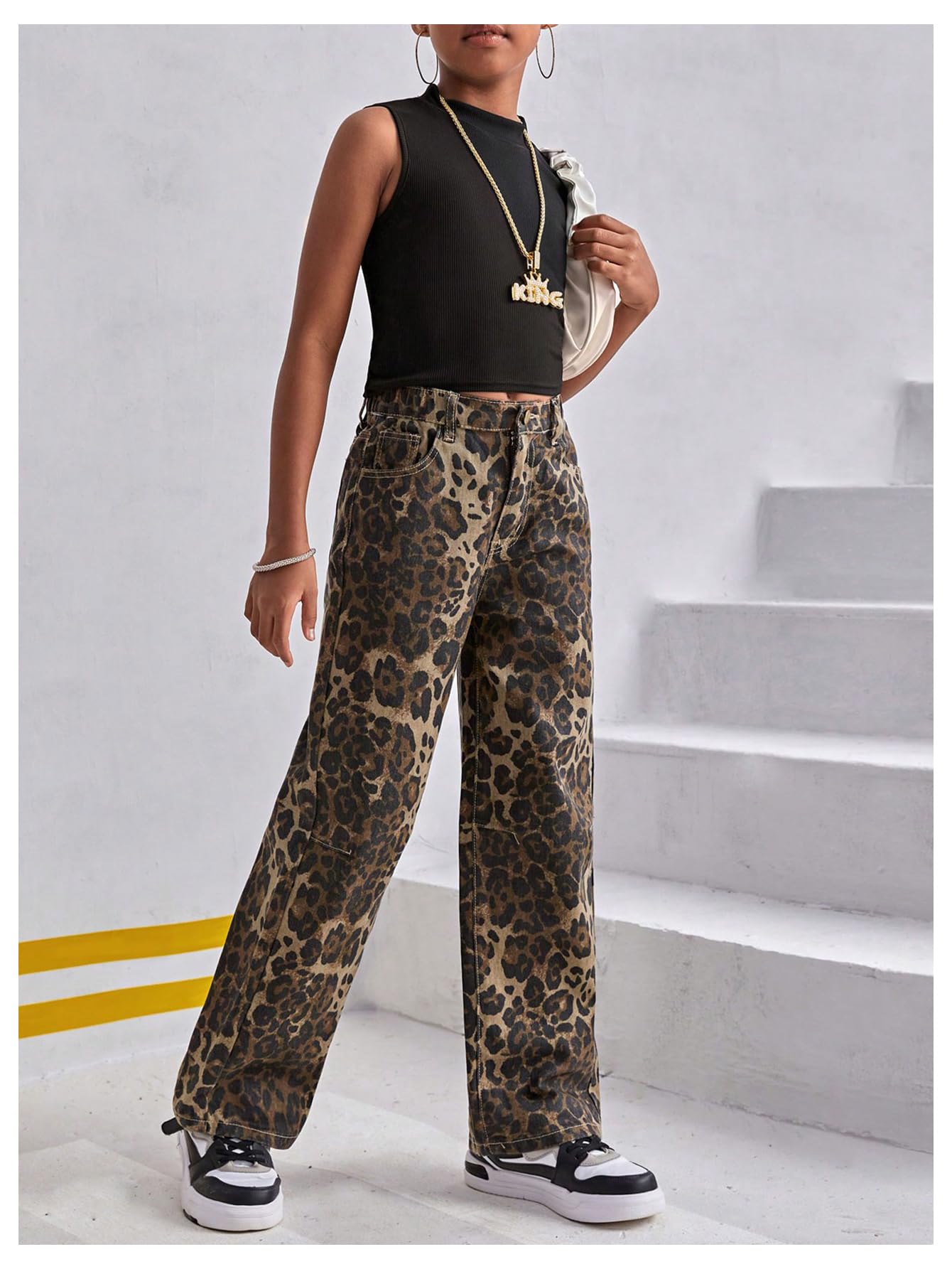 Floerns Mädchen-Jeans, Leopardenmuster, mittlere Taille, gerades Bein, Y2k Grunge Denim-Hose