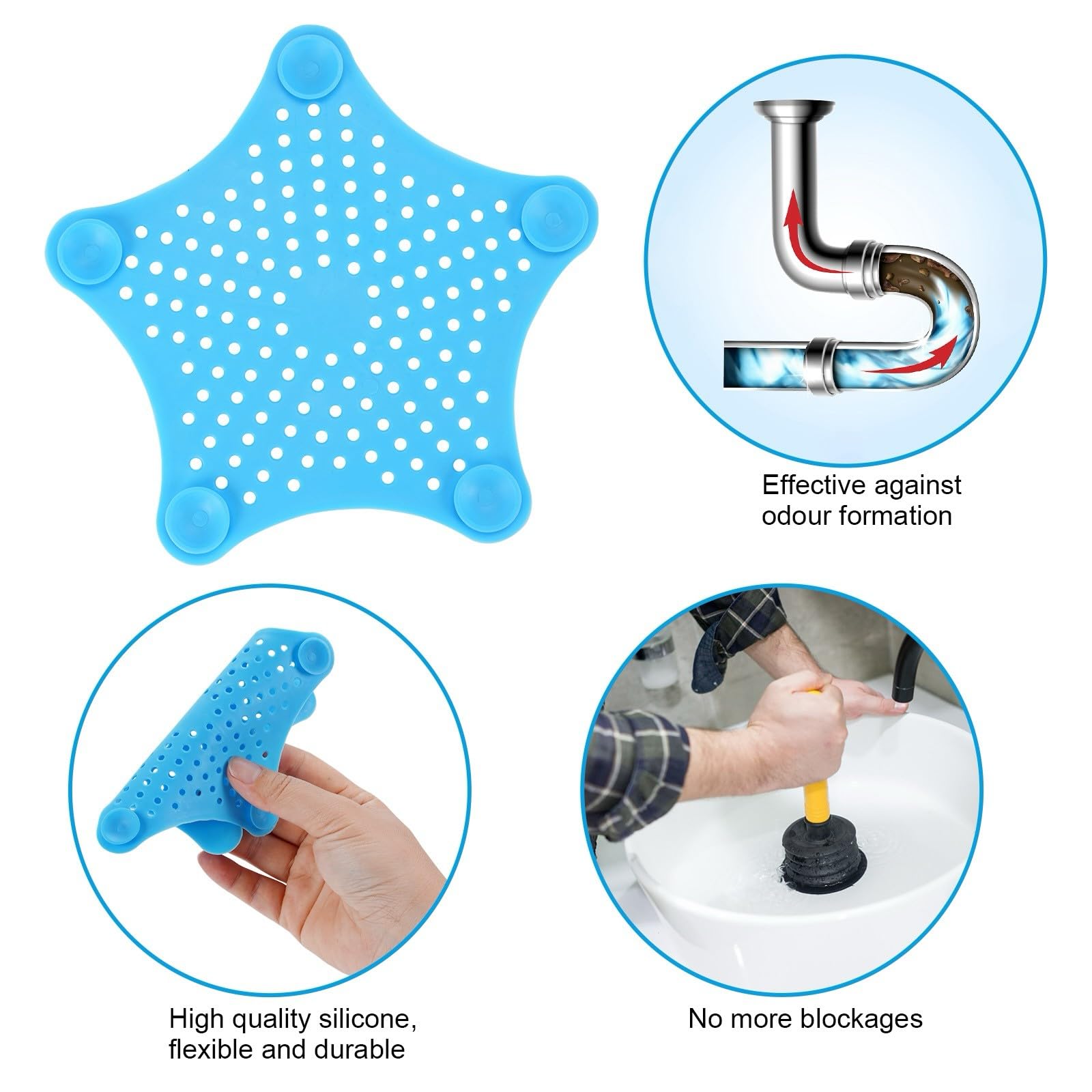 Seatery 4 filtri per lavello da cucina, rotondi da 15,2 cm, in silicone, tappo dell'acqua, filtro per lavello in acciaio inox da 11,4 cm, raccoglie scarti di cibo per cucina