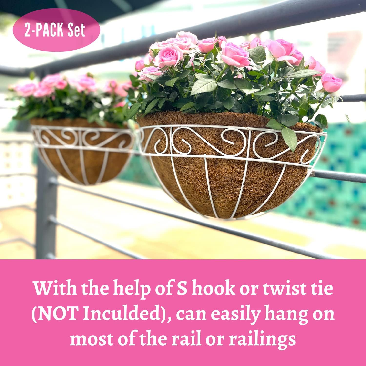 LaLaGreen Wall Mounted Flower Baskets (2 Pack, 14 Inch) Large Wall Hanging Planter with Coco Liner for Outdoor Plants, White Metal Fence Pots Holder Rail Railing Deck Porch Balcony Garden Patio Decor