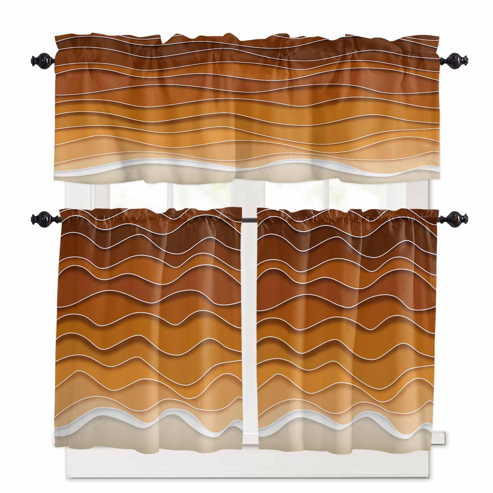 Orange Ocean Waves Kitchen Curtains 36 Inch Length,3 Piece Rod Pocket Small Half Tiers and Valance Set,Coastal Country Abstract Ombre Stripes Small Large Window Treatment Decor for Bedroom/Bathroom