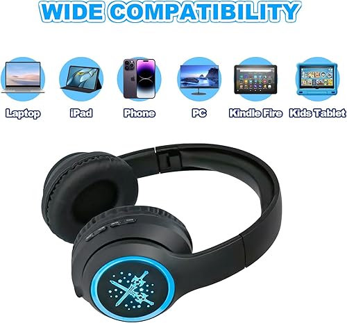 Miniatura 4 de Auriculares inalámbricos con luces LED, auriculares Bluetooth para niños con micrófono para la escuela, viajes, teléfono, Kindle, pc, TV, MP3 (negro)