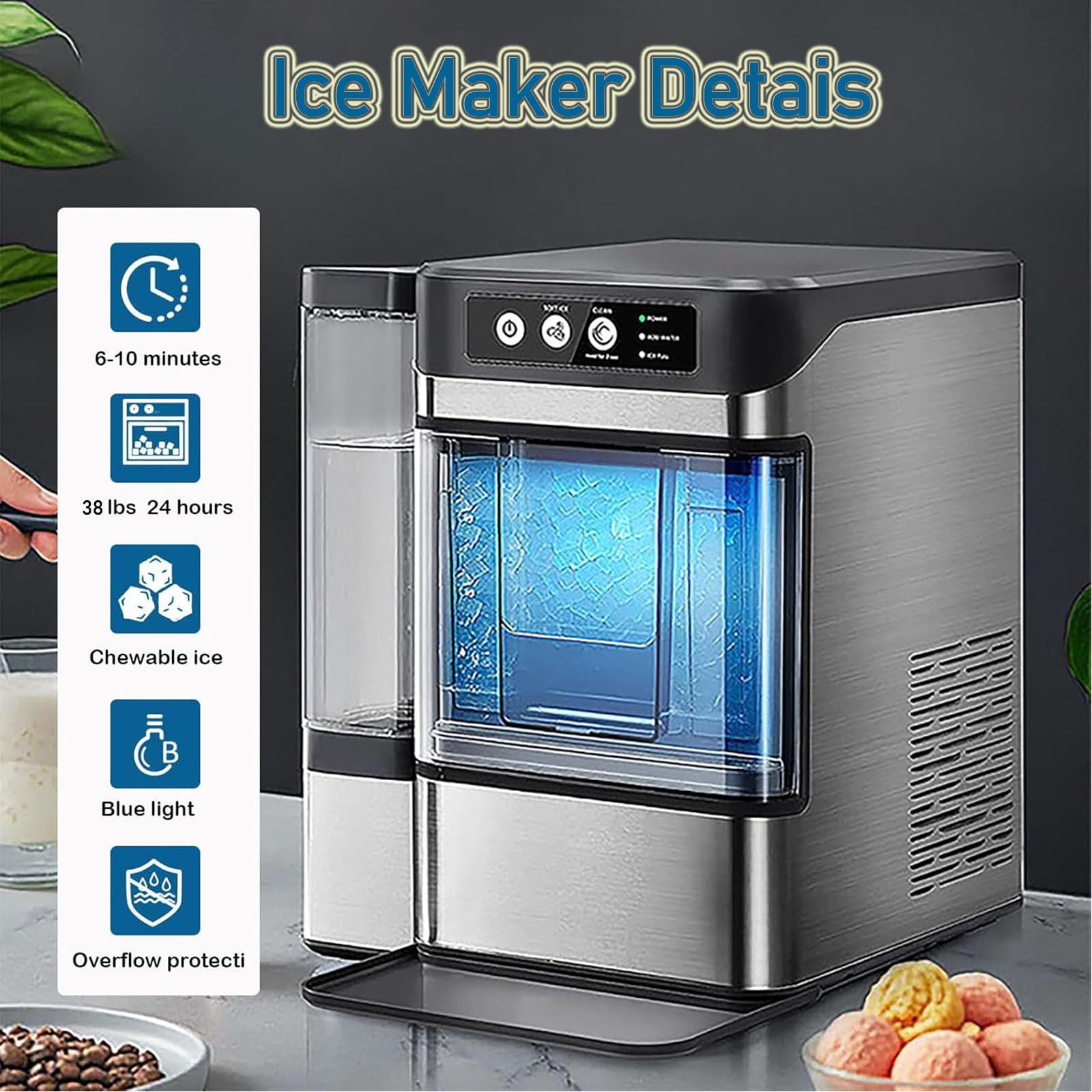 DUXMM Chewable Pellet Ice Machine,Large Capacity Ice Makers Countertop Rapid Ice Release in 6-8Mins,with Side Water Tank,38 Lbs in 24 Hours,Self-Cleaning,Suitable for Party,Kitchen,Office on Fridge.com