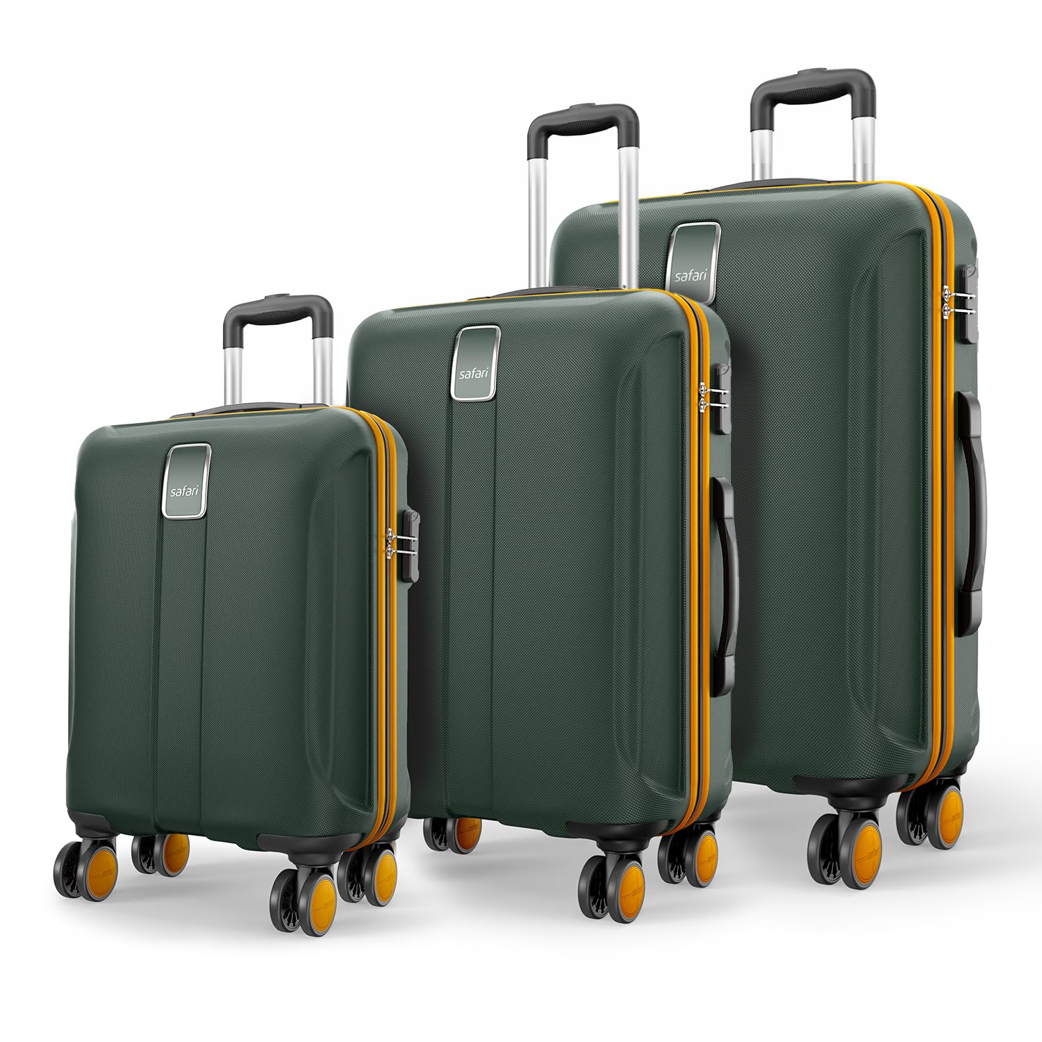 Safari Thorium Neo 8 Wheels Set of 3 Trolley Bags, Hard Case Polycarbonate, 360º Wheeling Carry on & Check-in Luggage for Men & Women, Suitcase for Travel, Trolley Bags for Travel, Dusk Green