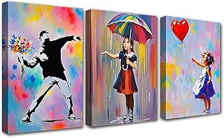 PIGPIGFLY Tríptico Banksy en Lienzo,3 Cuadros Decorativos para Salón Moderno y Dormitorio - Flower Thrower, Girl with Balloon, Nola (30x40cm Marco Madera)