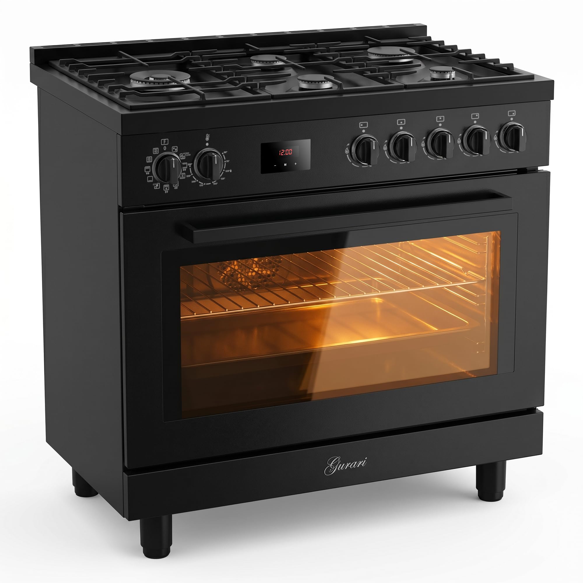 Gurari Cuisinière à gaz 90 cm GCH E 818 BL • Cuisinière électrique à gaz noir • Four XXL 126L avec Air Fry & tournebroche • 5 brûleurs à gaz avec brûleur WOK de 4 kW • Gaz naturel/gaz propane