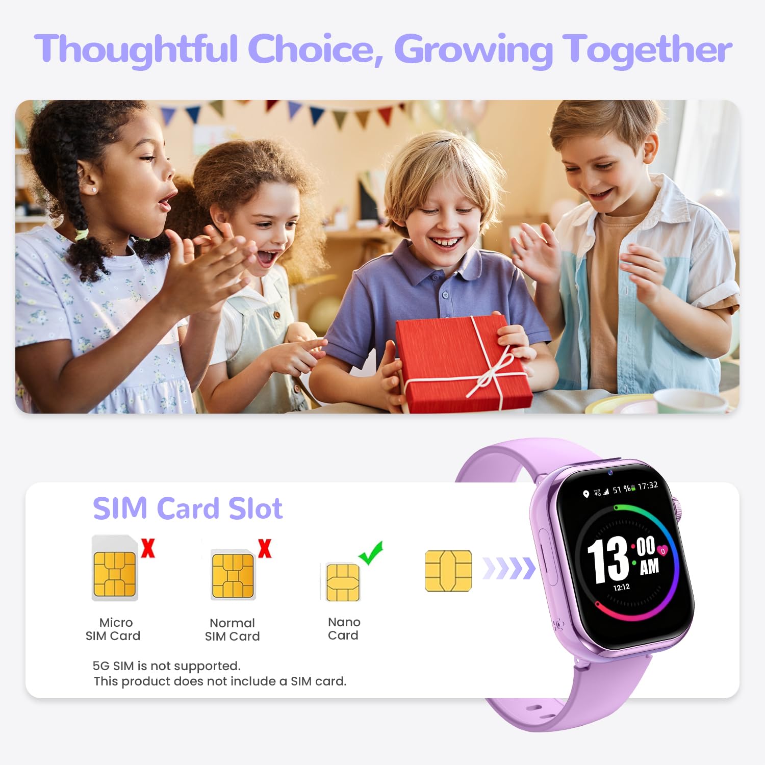 Smartwatch Kinder mit GPS und Telefon, Kinderuhr mit SIM, Videoanrufe, IP68, Lila