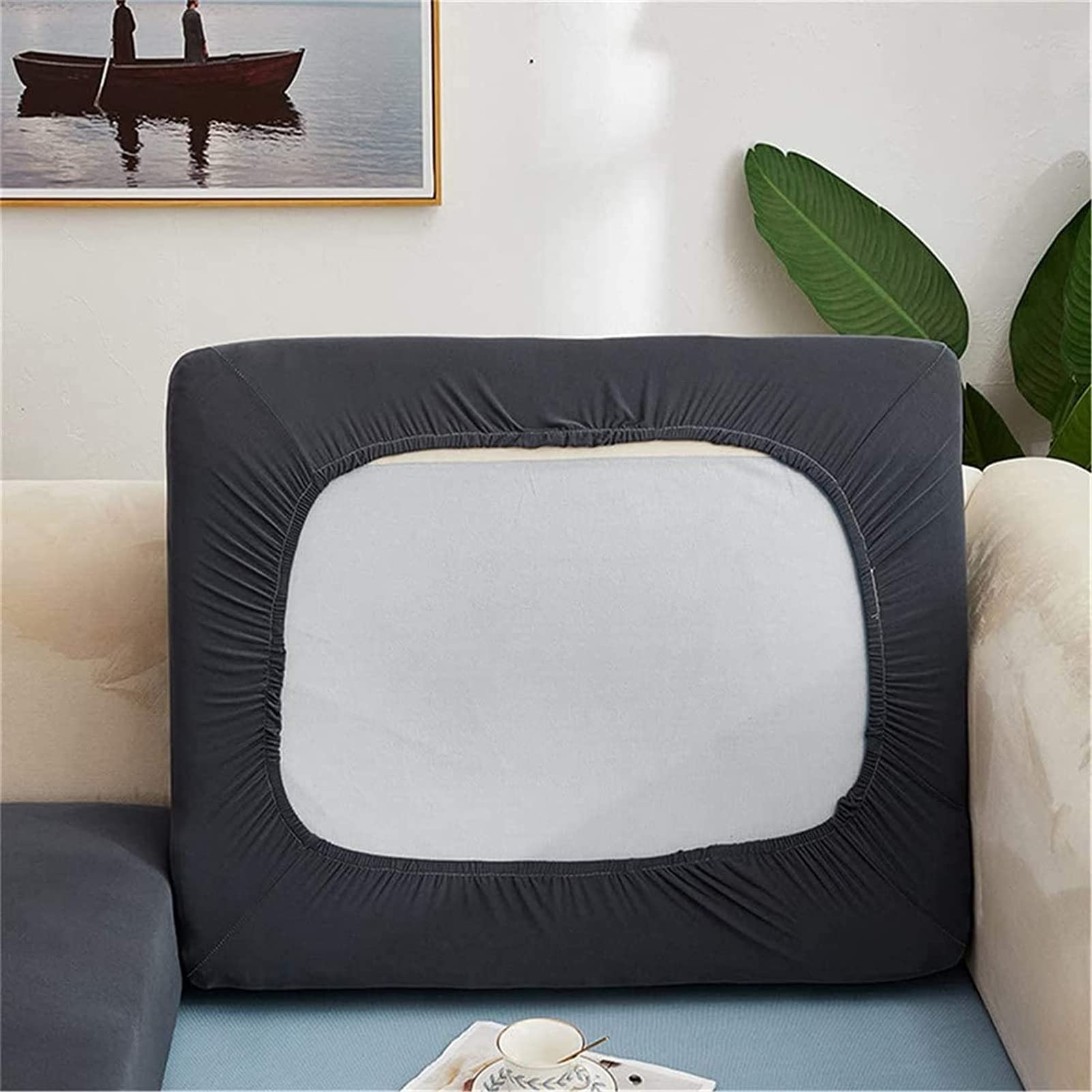 ZGDDPZA Stretch Couch Cushion Slipcovers Polyester Sofa Seat Cushion Covers Anti-Slip Furniture Protector with Elastic Bottom Replacement for Individual Cushions (4-Seater,Dark Grey)
