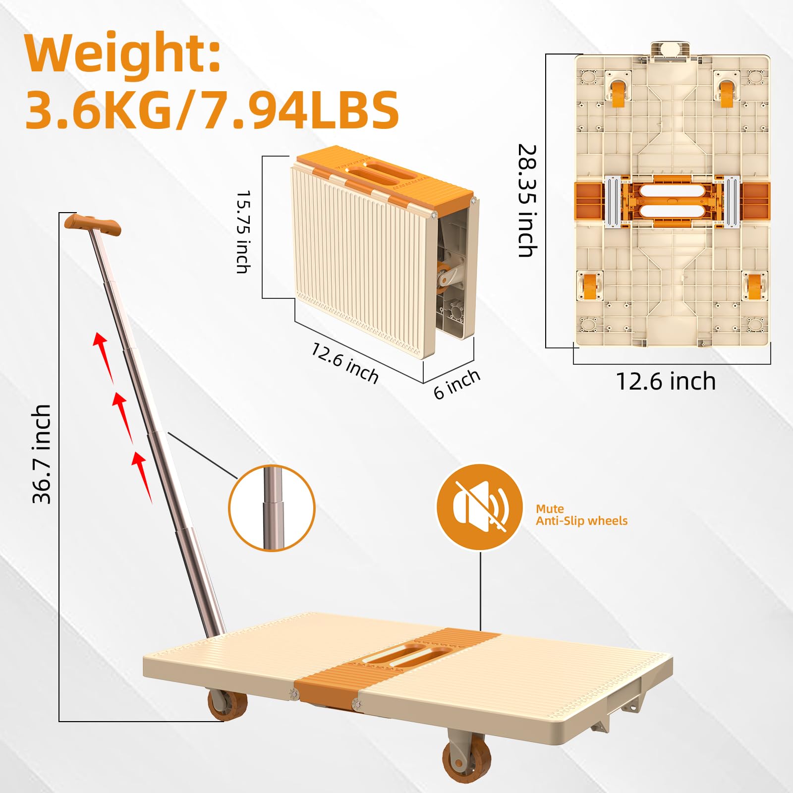Wózek na platformie, składany wózek, nośność 150 kg, ze składanymi torebkami, teleskopowa platforma, wózek na kierownicę do bagażu, podróży, podróży, zakupów, biura (biały)