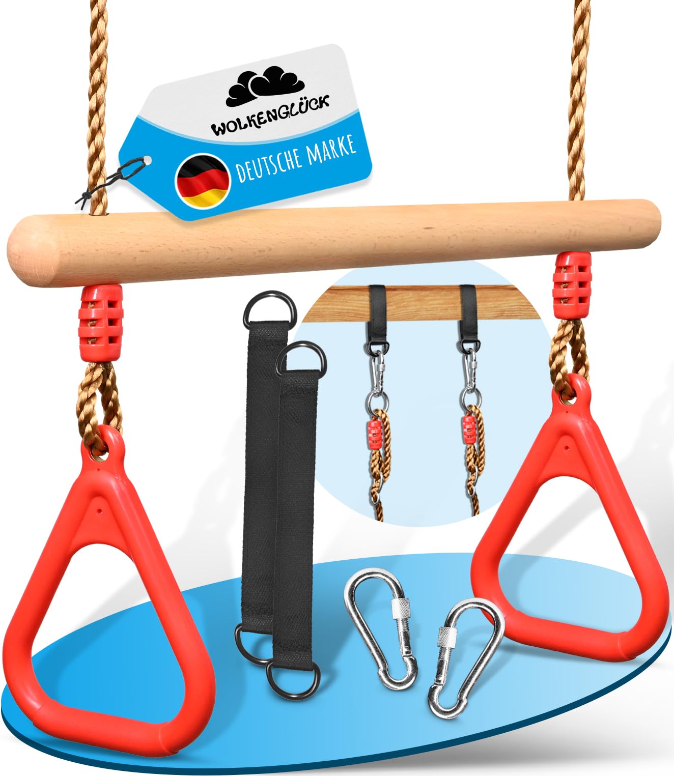 WOLKENGLÜCK® Trapez Schaukel für Kinder [Indoor & Outdoor] - 2-in-1 Hängeschaukel mit Trapezstange aus Holz und 2 Turnringen - höhenverstellbar bis 150 cm & belastbar bis 150 kg