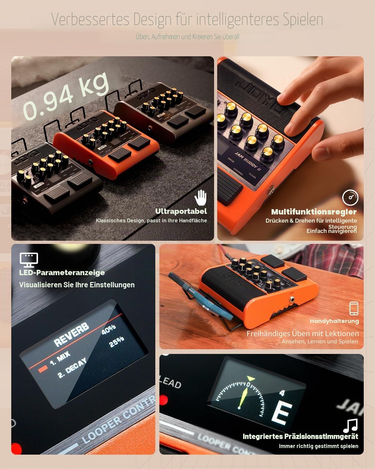 JOYO Combo Gitarrenverstärker 10W Tragbar mit Multieffekt-Pedal - 14 Verstärkermodelle, 3-Band-EQ, 36 Rhythmen & Looper, OTG-Aufnahme, Bluetooth (Jam Buddy II, Schwarz)