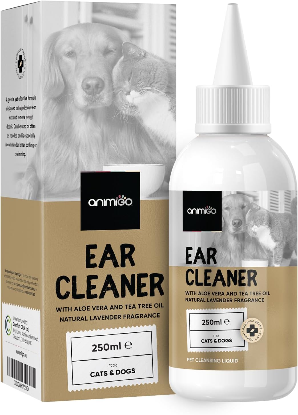 Cat & Dog Ear Cleaner Solution 250ml - Dog Ear Drops for Wax Buildup, Itchy & Stinky Ears - Dog Ear Cleaner & Cat ear drops with Aloe Vera, Lavender & Tea Tree Oil - Alcohol-free, Safe & Non-toxic