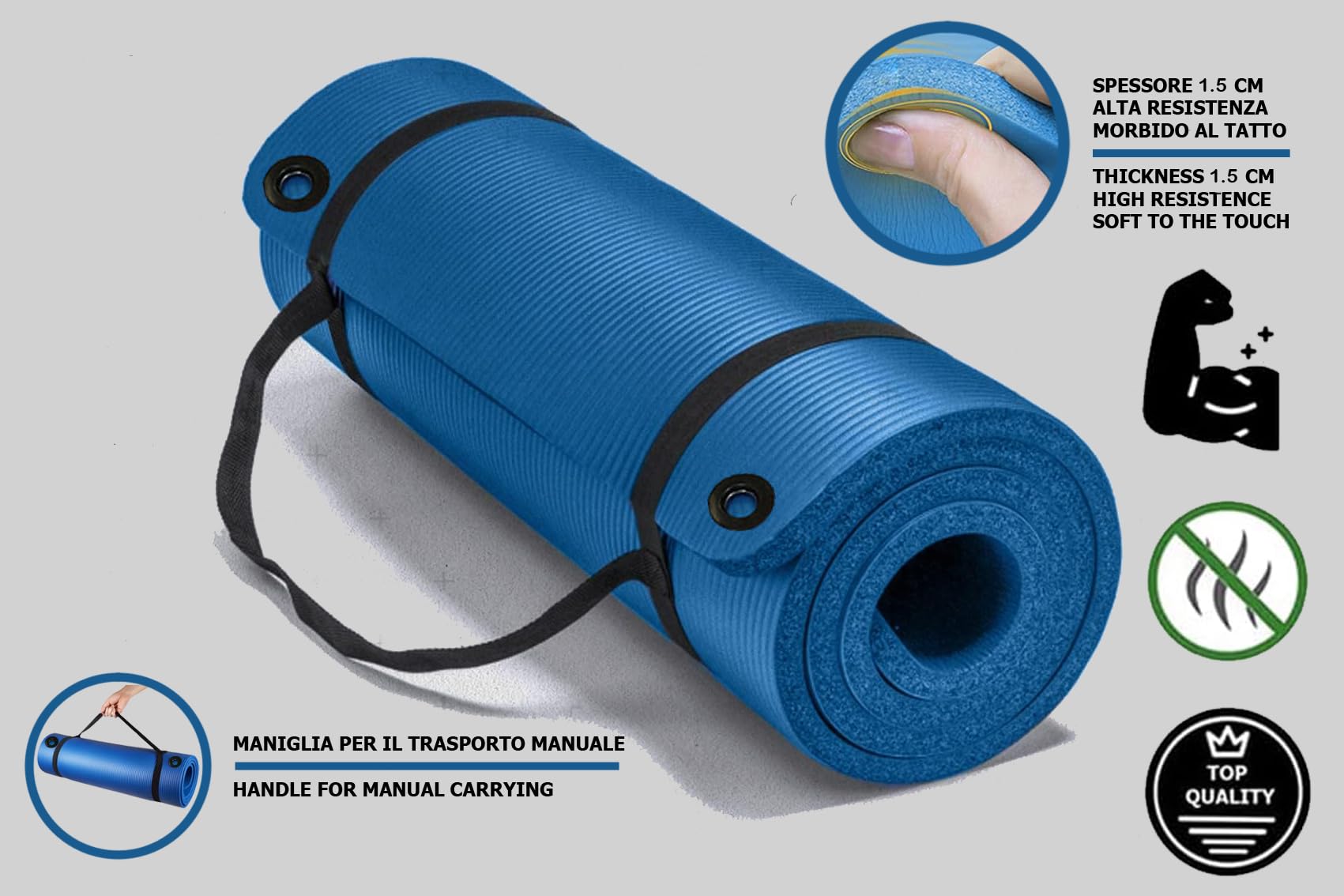 G5 HT SPORT Tappetino Per Yoga con maniglia di trasporto E Occhielli| da 120 o 180 cm | Spessore 1.5 Cm | Largo 62.5 cm | Tappeto Ginnastica Materassino fitness