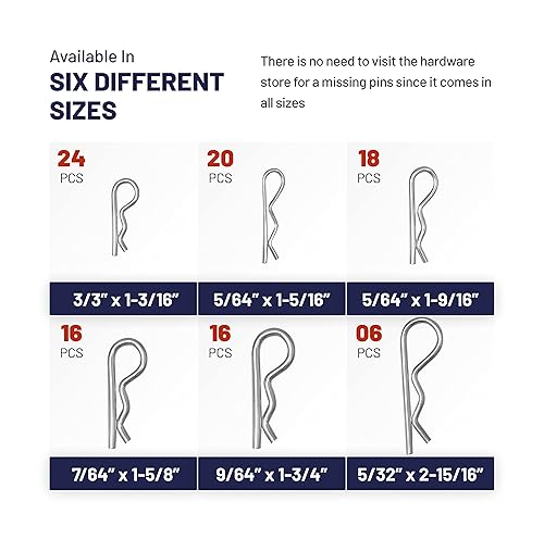 Vista 18 de 50 pines R – Acero de aleación resistente y duradero – Kit surtido de pasadores de chaveta resistente en forma de R en 6 tamaños diferentes