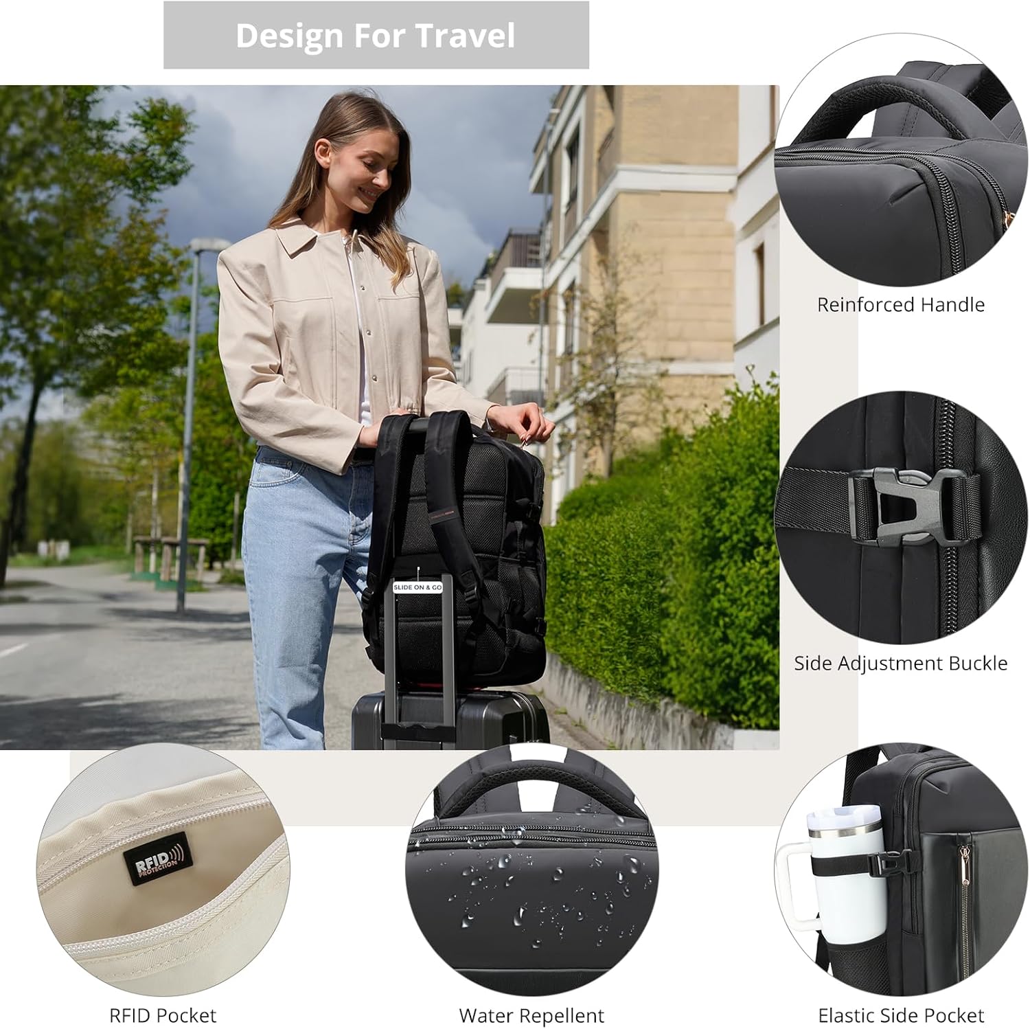 Swissdigital Design Travel Laptop Backpack for Women, 36L Carry On Backpack with USB Charging Port, RFID Protection & Wet-Dry Separation, TSA Friendly Fits 16 Inch Laptop, Black | SD1749-01