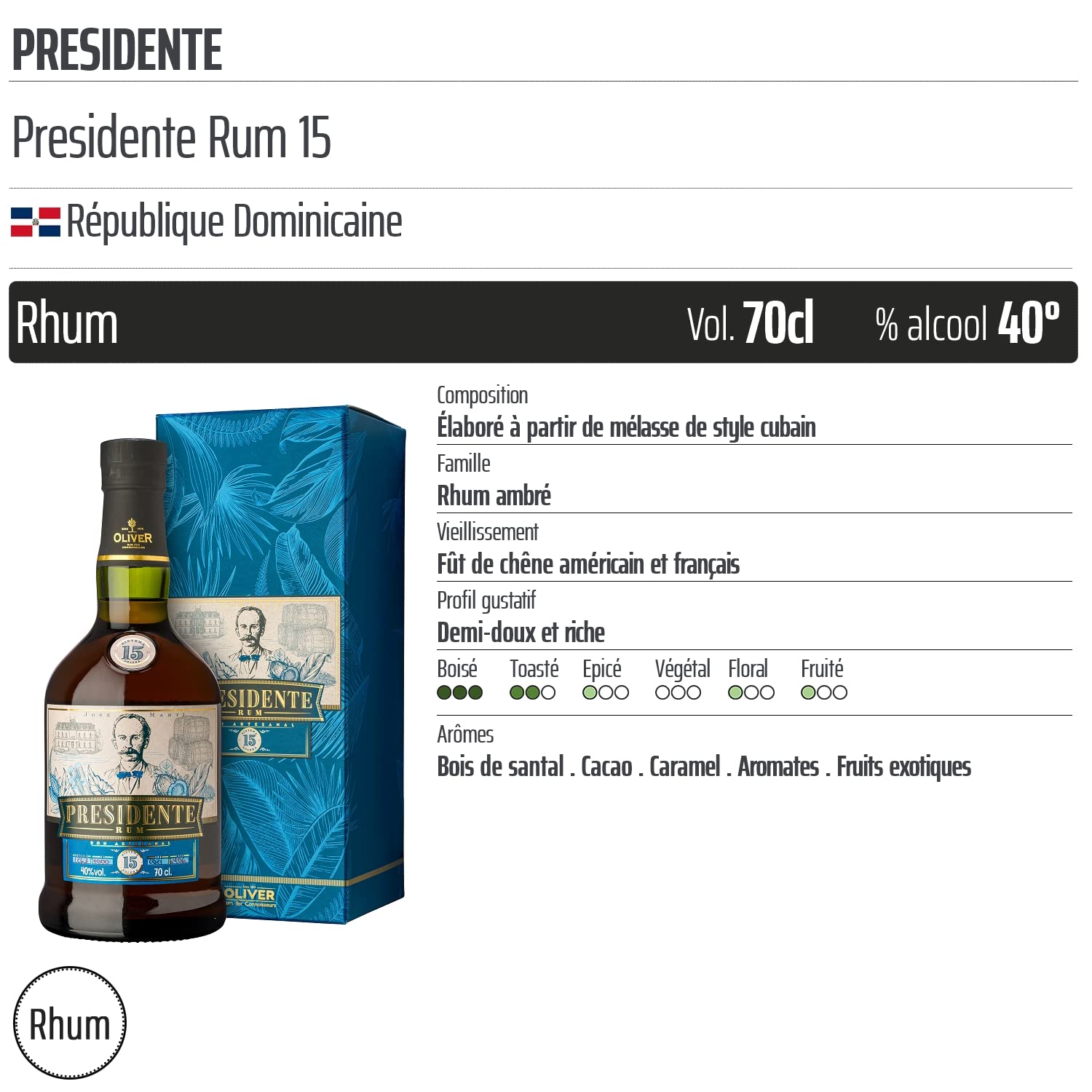 Presidente Rum 15 - Origine République Dominicaine - 70cl