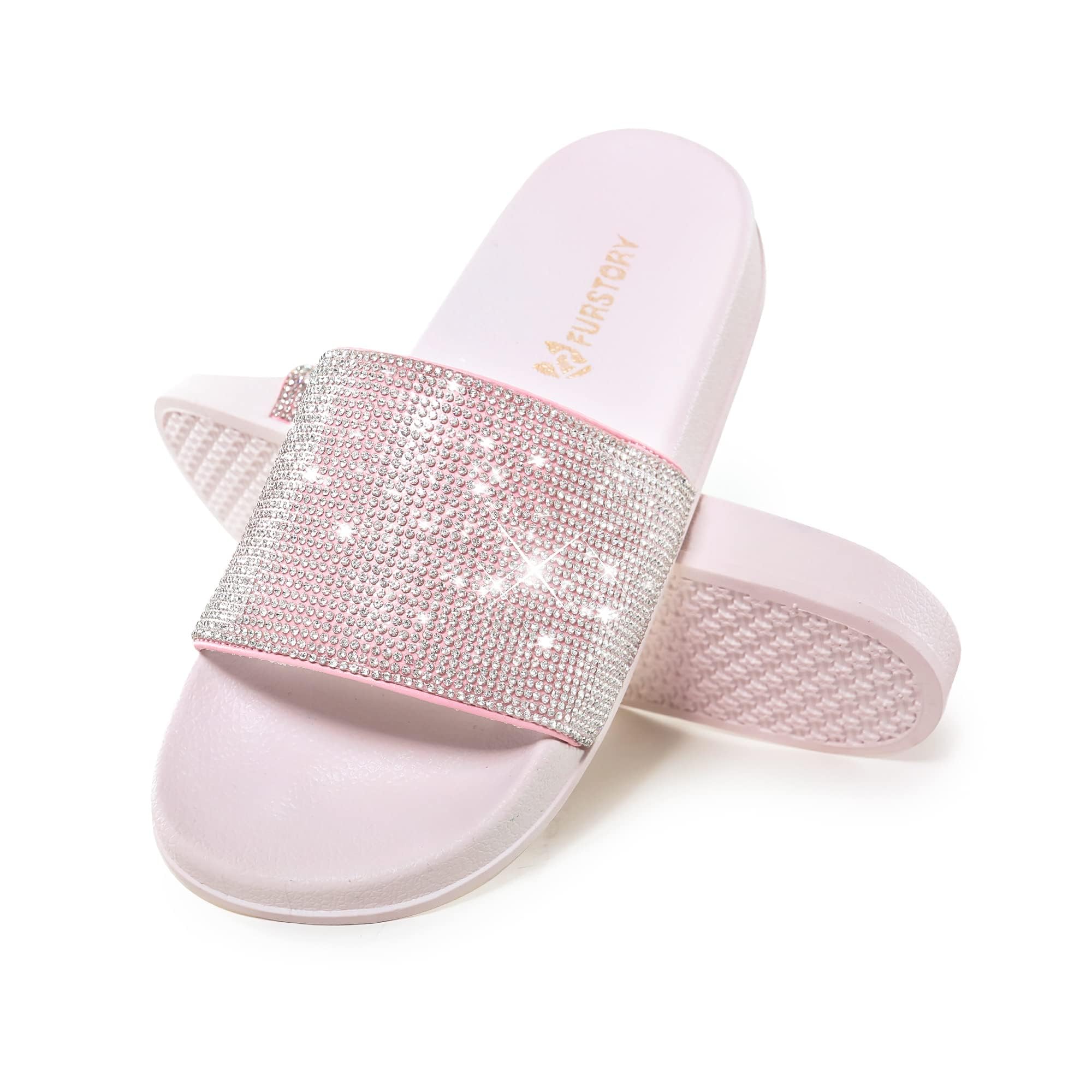 Fur Story Womens Slides House Slippers Rhinestone Glitter Slides Cute bling Flat for Women Platform Sandals Cozy Bedroom Slippers Shower Shoes