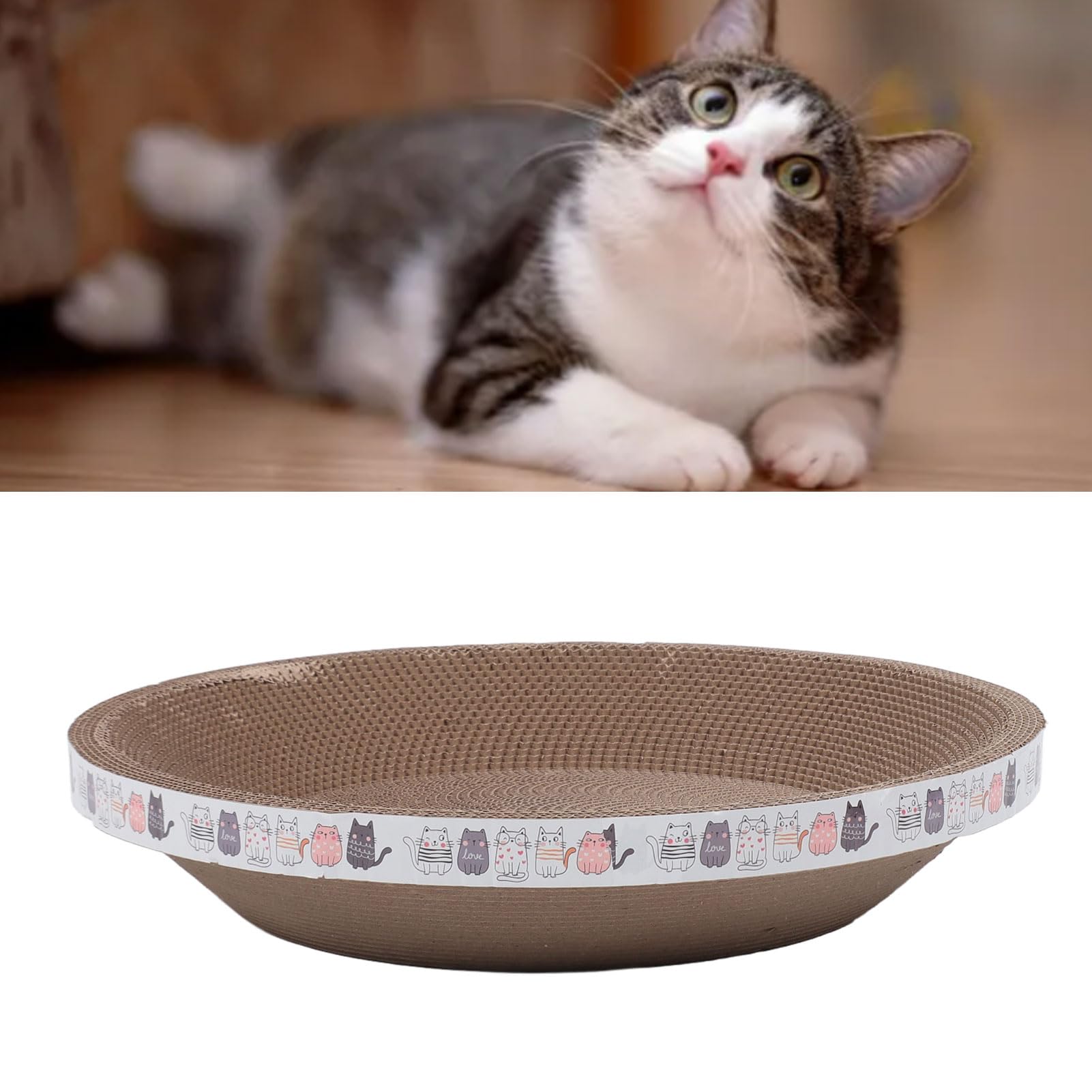 FILFEEL Letto Tiragraffi per Gatti con Salotto Integrato, Tappetino Tiragraffi in Cartone Ondulato, Ciotola Rotonda da 44,5 Cm per Uso Interno (Rotondo 44,5 cm)