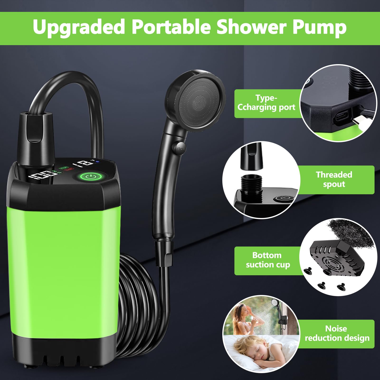 Ducha Portatil Camping,6000mAh Ducha Portatil,IPX7 Impermeable Recargable Ducha,Ducha Móvil Portátil,con Cabeza de Ducha y Manguera de 2 M,Ducha Camping para Acampar,Playa,Lavado de Coches