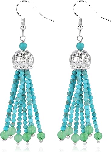 Bohemian Beaded Tassel Earrings for Women Dangle Natural Stone Turquoise Beads L