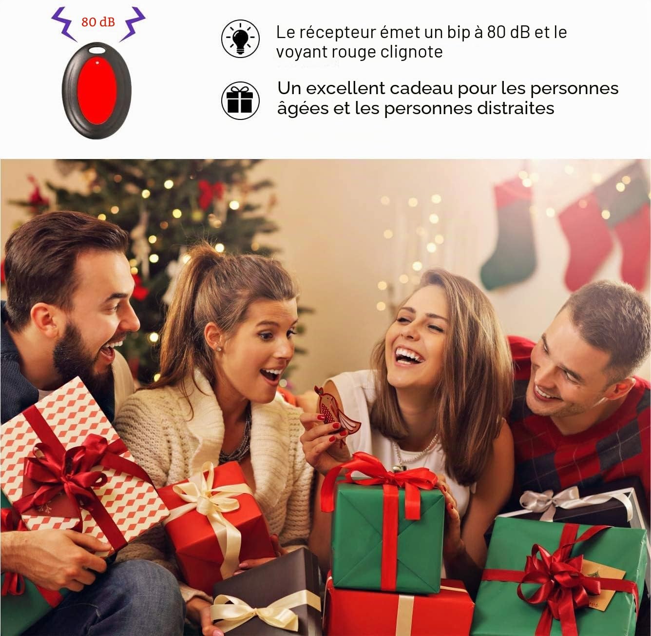Reyke Localisateur de clés, 80 DB sans Fil RF avec portée de Travail de 39,6 m, télécommande avec Lampe de Poche LED, Support de Base pour clés, Portefeuille, téléphone et Animal Domestique