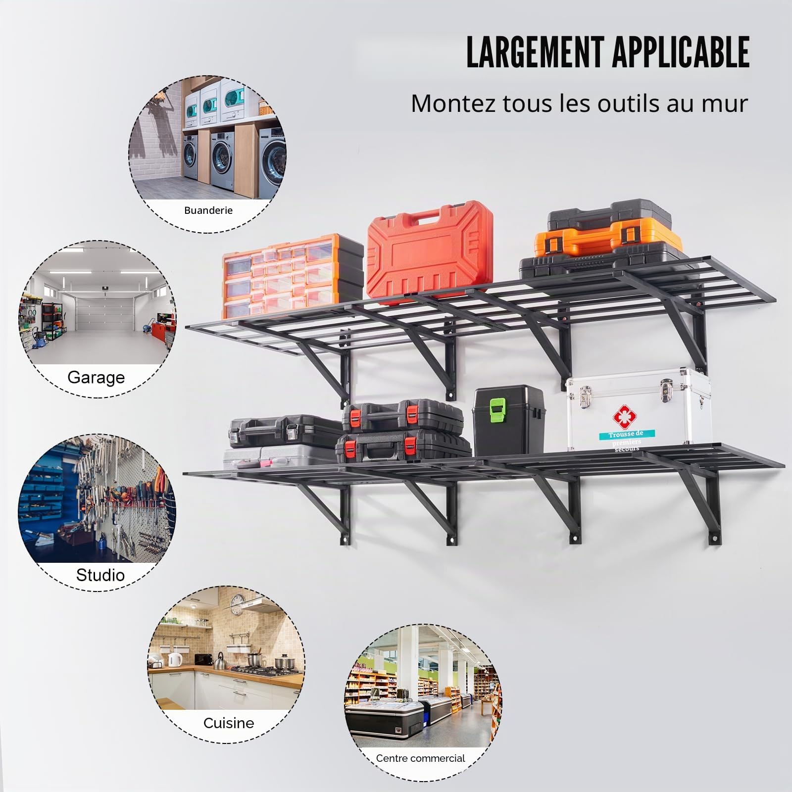 VEVOR Étagère Murale Flottante de Rangement Garage 183x61 cm Lot de 2 Grande Surface Utilisable Capacité de Charge 363 kg par Étagère Suspendue d'Outils Métallique pour Magasins, Garages, Entrepôts