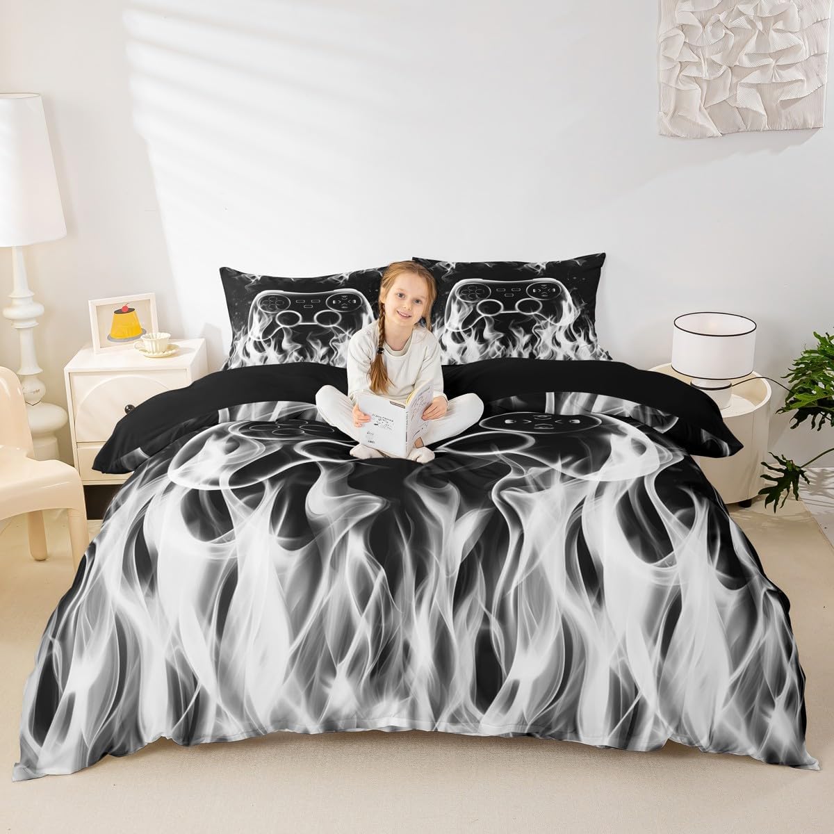 Castle Fairy Gaming Flame Duvet Cover Set Toddler Size,Video Games Bedding Sets 2Pcs for Kids Girls Boys Adult Room Decor,Cool Burning Flames Comforter Cover Modern Black Quilt Cover,1 Pillowcase