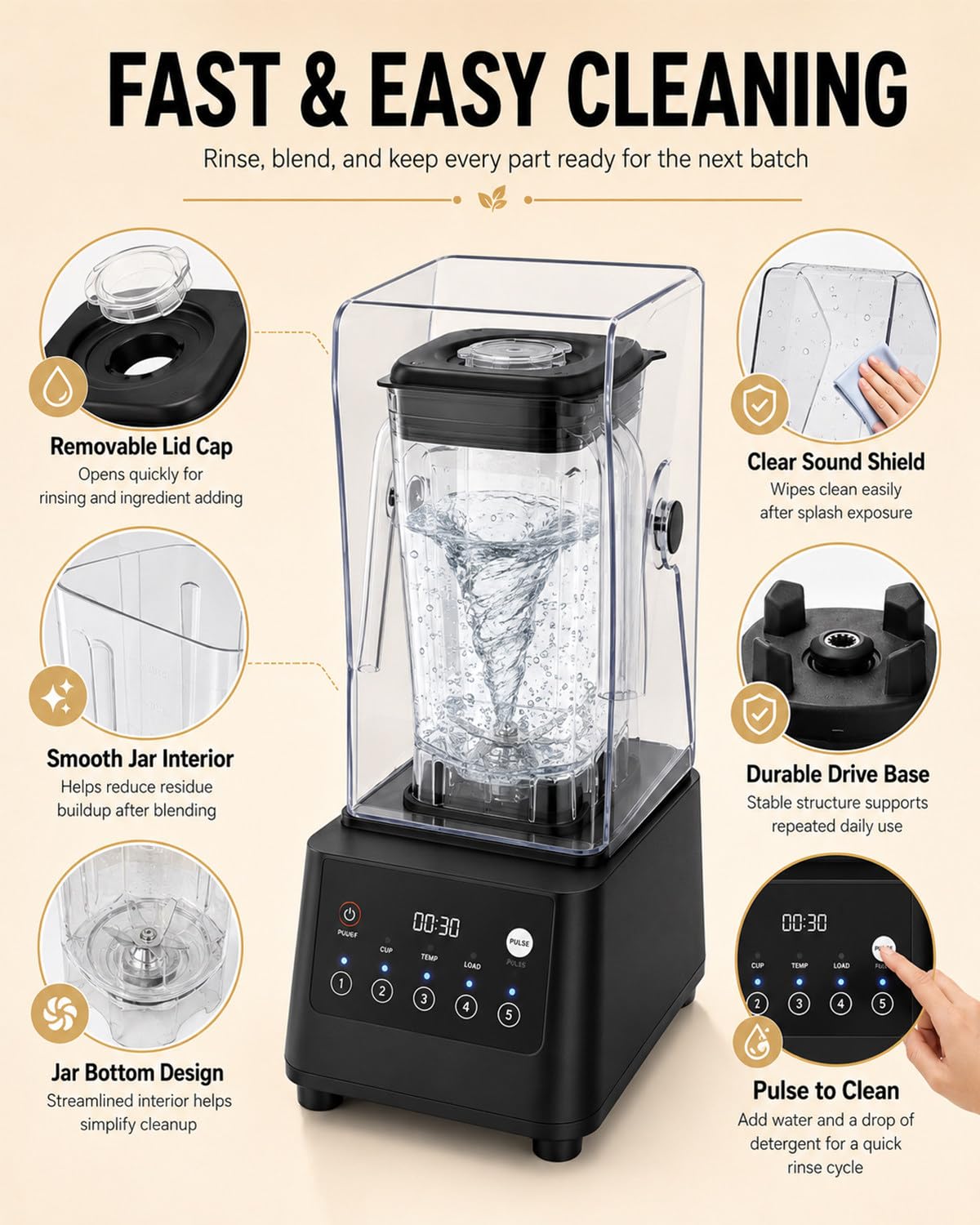 Batidora Comercial para Batidos, 2200W, 2L, 5 Modos, con Cubierta | Procesa Recetas Diarias con una Batidora Profesional para Smoothies, Batidos, Zumos, Salsas, Purés y Postres en Cafés y Bares
