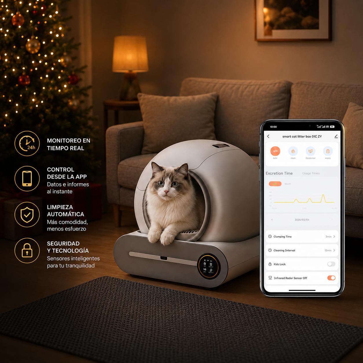 PGD​​SGA Arenero Automático para Gatos Autolimpiable con App, 65+9L, Desodorización por Iones Negativos, Control Inteligente de Seguridad, Incluye 5 Rollos de Bolsas, Ideal para Varios Gatos