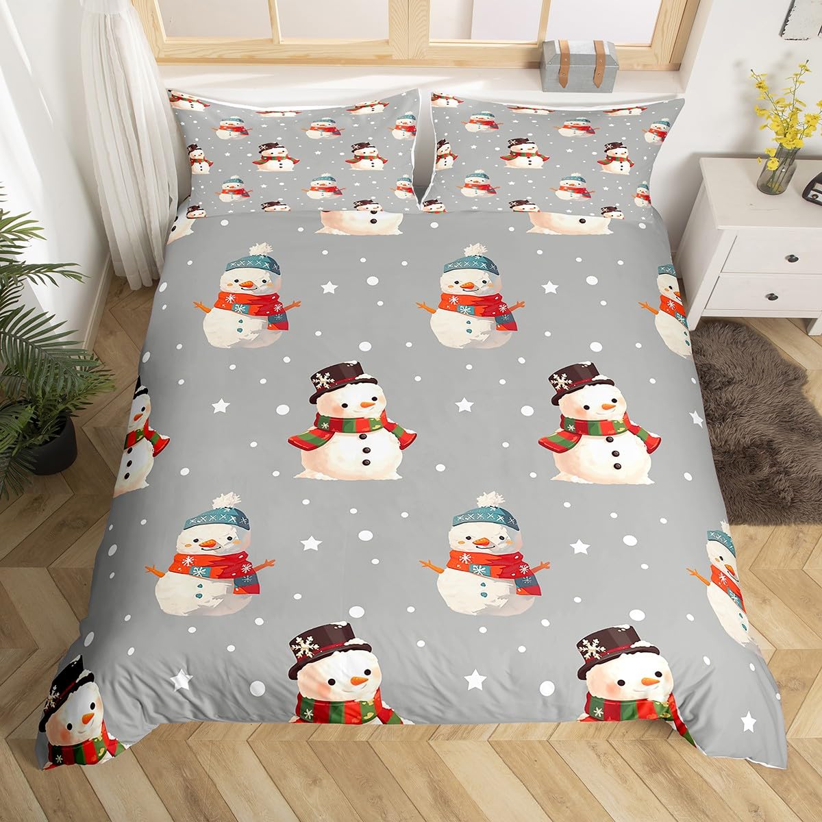 Homewish Zestawy pościeli dla dzieci Boże Narodzenie king size Boże Narodzenie bałwan poszewka na kołdrę dla dzieci nastolatków Merry Christmas poszewka na kołdrę zima płatek śniegu szary zestaw