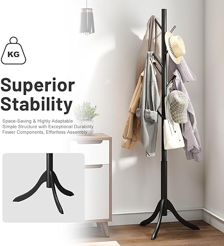 Miniatura 6 de Black Coat Rack Stand, Bamboo Wood Freestanding Coat Tree with 8 Hooks, Hallway Entryway Hat Hanger Organizer Standing for Bedroom, Office, Clothes,