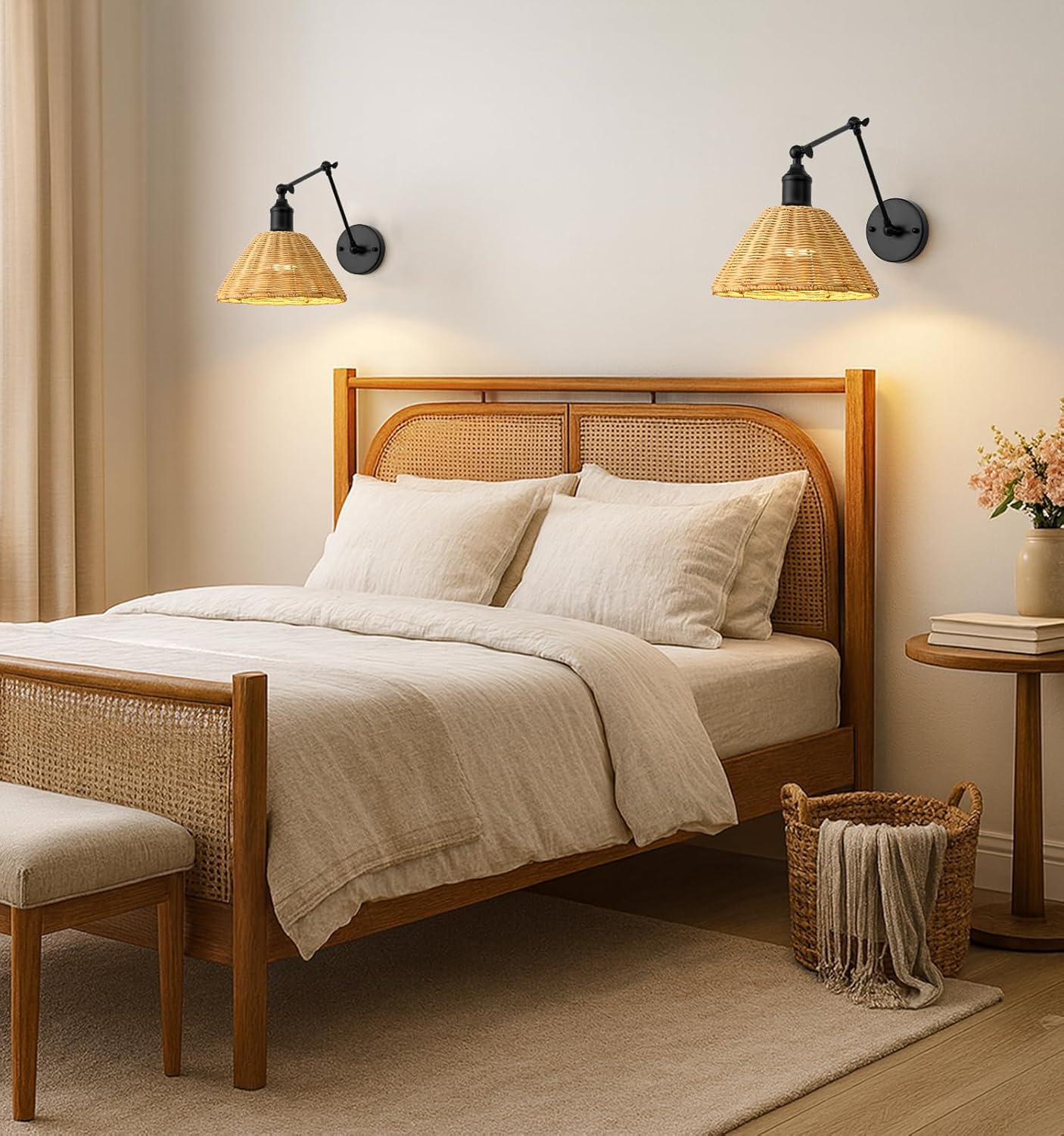 Battery Operated Wall Sconce, Rattan Wall Sconces Battery Operated Set of 2, Bohemian Wireless Battery Wall Sconce with Remote Control for Bedroom, Farmhouse, Gallery