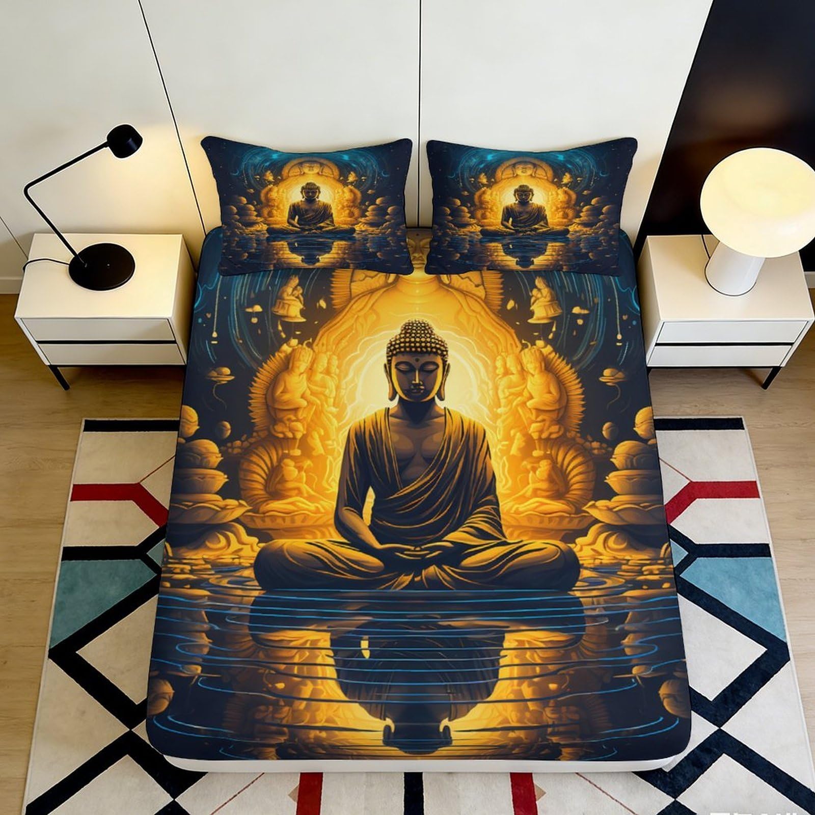 Dhbaneiok Style-10 3D Printed Golden Buddha Meditation Fitted Sheet Microfiber Anti-Slip Bed Cover Easy Care For Bedroom Guestroom Decor 90X200x25cm