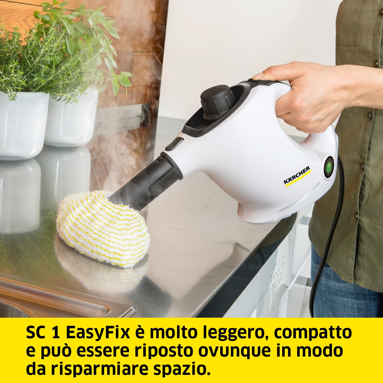 KÄRCHER Pulitore a Vapore SC 1 EasyFix, Pronto in 3 min, Compatto e maneggevole, 1200 W, Serbatoio 200ml, Area 20m², Include Kit pavimenti EasyFix, bocchetta manuale e panno microfibra, Spazzola Tonda