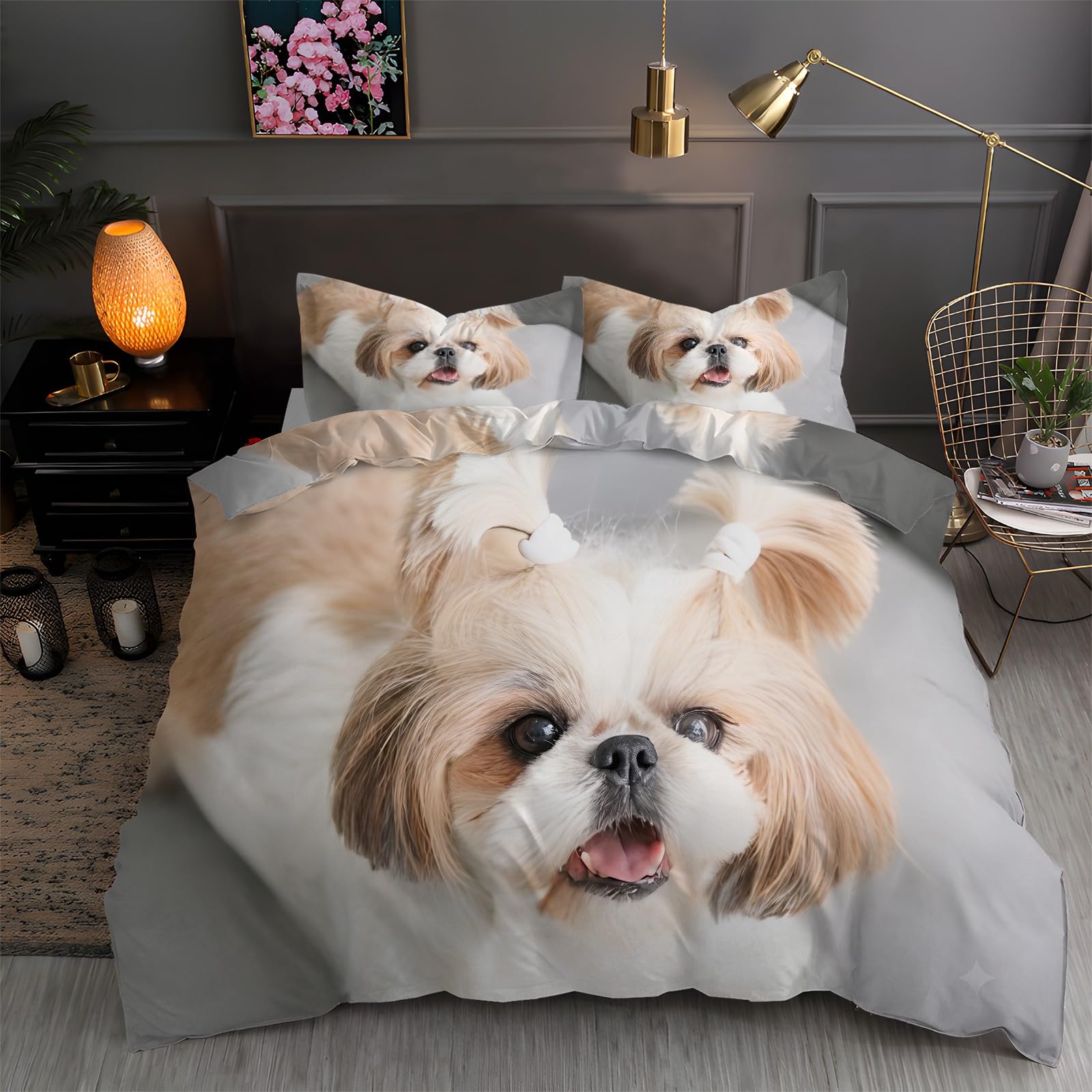 LLSZAHD Gray King Duvet Cover Shih Tzu 3D Bedding Sets Brushed Microfibre