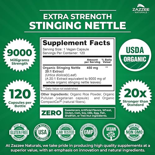 Miniatura 3 de Zazzee USDA Organic Stinging Ortiga Extracto 201, 9000 mg de fuerza, 120 cápsulas veganas, suministro para 4 meses, concentrado, extracto