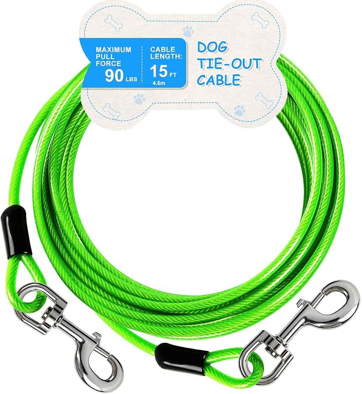 Guia de Contenção para Cães com Cabo de Aço Galvanizado e Gancho Giratório MooonGem, Verde, 2, 3, 12 ou 15 m