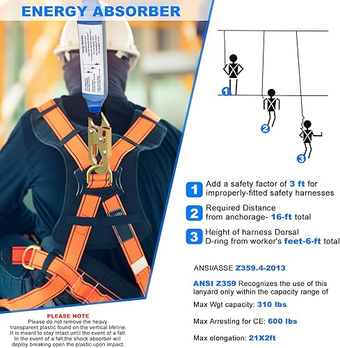 Miniatura 4 de 50FT Vertical Lifeline Assembly，Fall Protection Rope with Two Rope Grab Snap Hooks, Shock Absorber，Safety Climbing Equipment Roofing Safety Kit, CE
