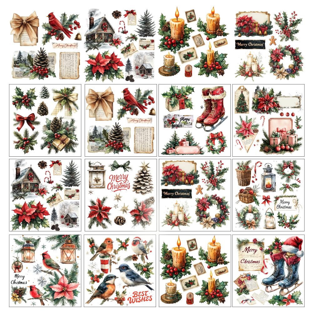 Feuilles de transfert de Noël lot de 12 autocollants vintage 14x14cm pour loisirs créatifs