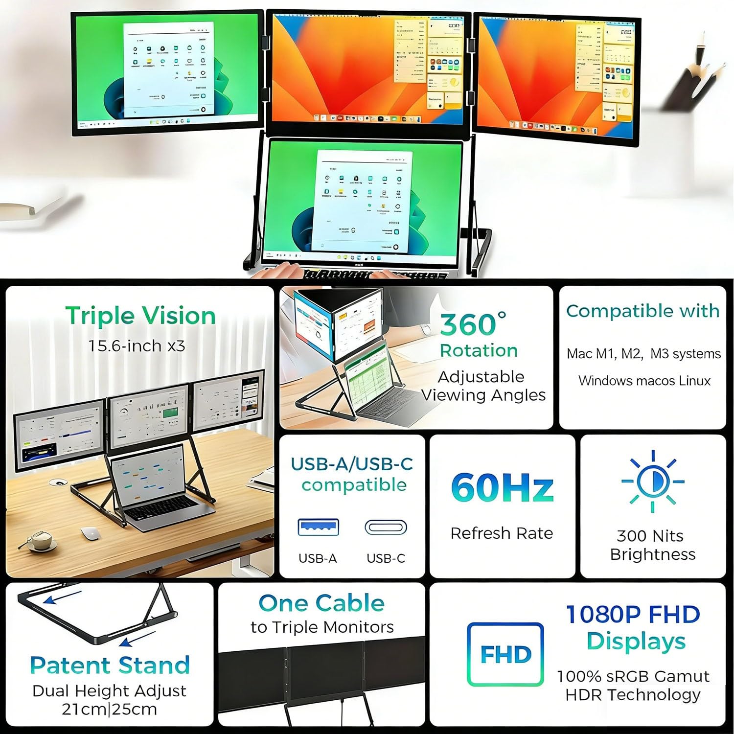 Przenośny potrójny przedłużacz monitora z ekranami IPS FHD 1080P HDR IPS, regulowana wysokość, USB-C i HDMI, kompatybilny z laptopami, aluminiowa konstrukcja