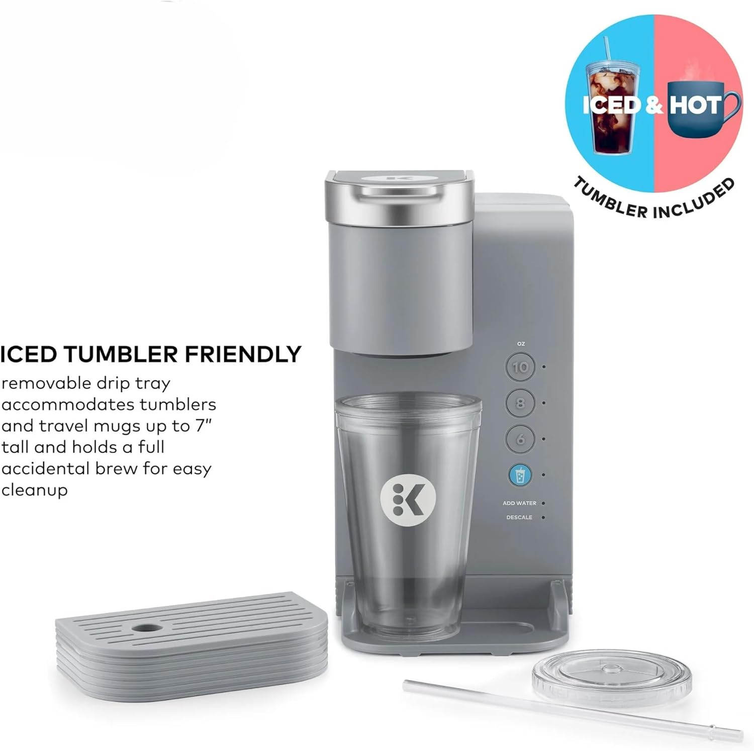 K-Iced Essentials Coffee Maker, Single-Serve KCup Pod Brewer with Removable Reservoir and Auto-Off, Energy Efficient, Includes K Iced Tumbler, Compact, Arctic Gray