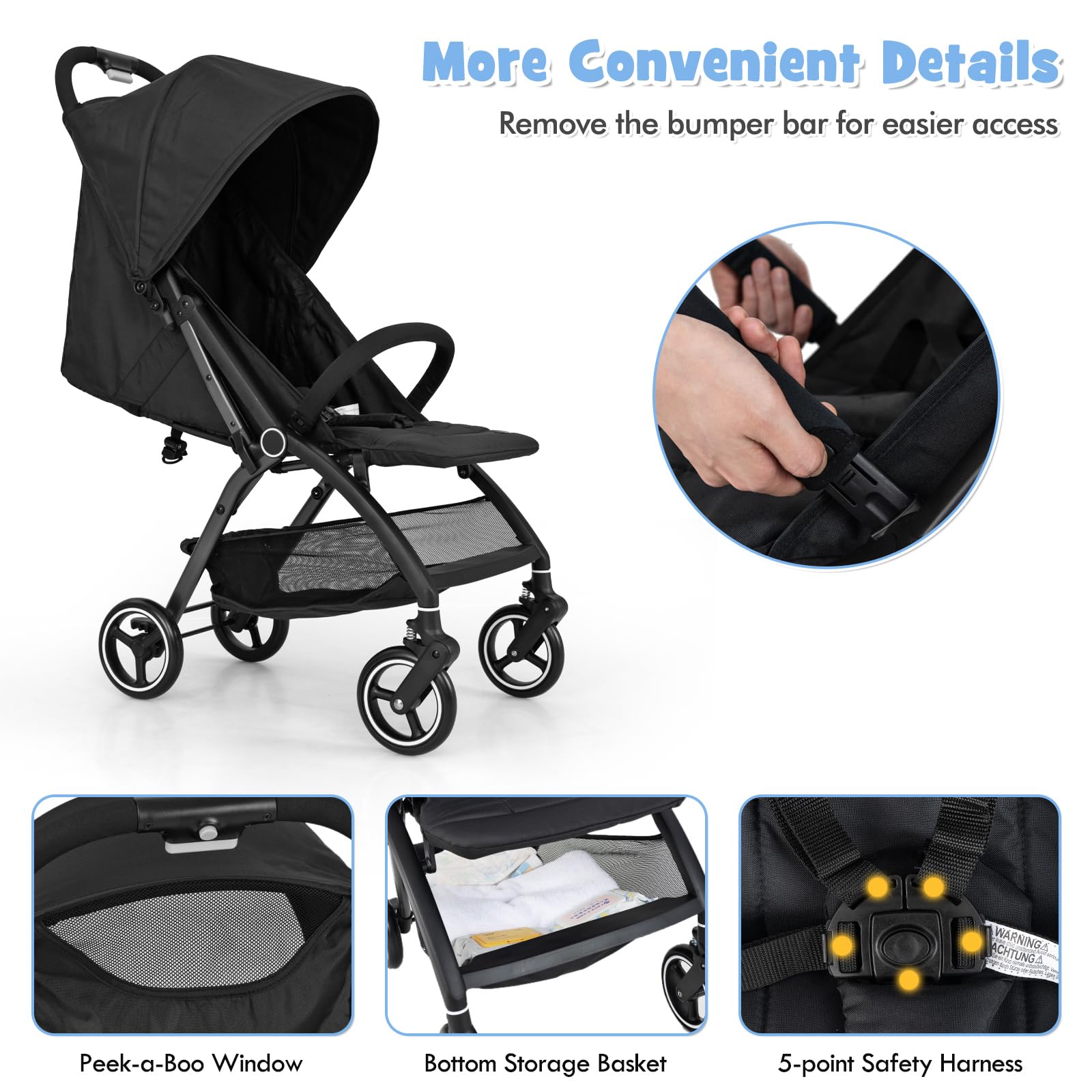 LIFEZEAL Poussette Bébé Pliable avec Dossier Inclinable 150°-180°, Poussette Canne avec Auvent Réglable, Harnais de Sécurité à 5 Points, Roues Universelles, Panier de Rangement, Charge 15 kg (Noir)