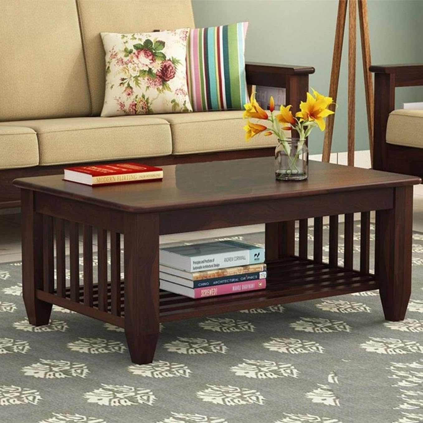 Wooden Center Coffee Table with Storage | Solid Sheesham Wood Centre Table for Living Room, Drawing Room & Office | Walnut Finish-image-41