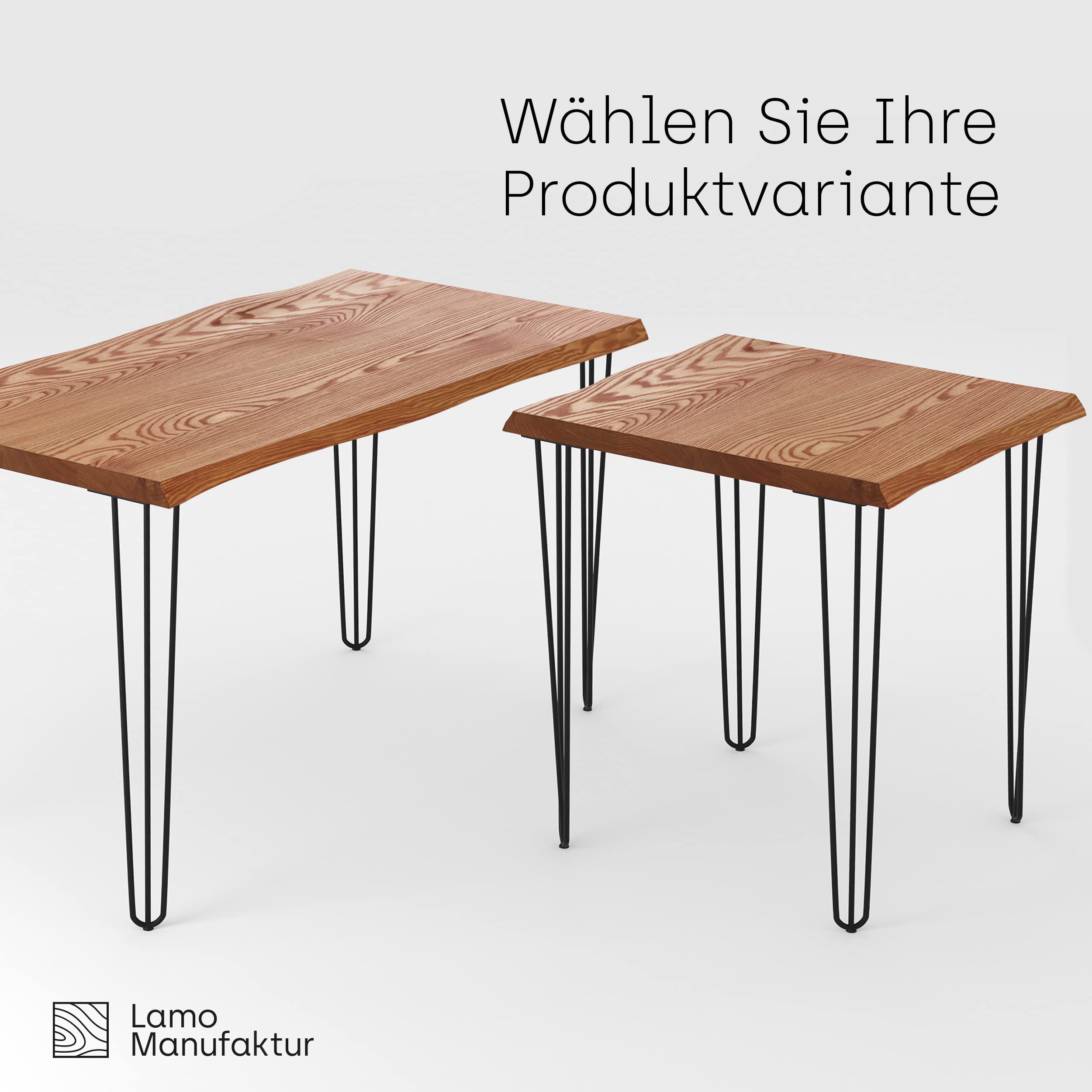 LAMO Manufaktur Esstisch Küchentisch Schreibtisch Couchtisch aus Massivholz, mit Baumkante 120x80x76 cm (AxBxH), Creative, Roh/Rohstahl mit Klarlack, LEB-01-A-001-0000Cr
