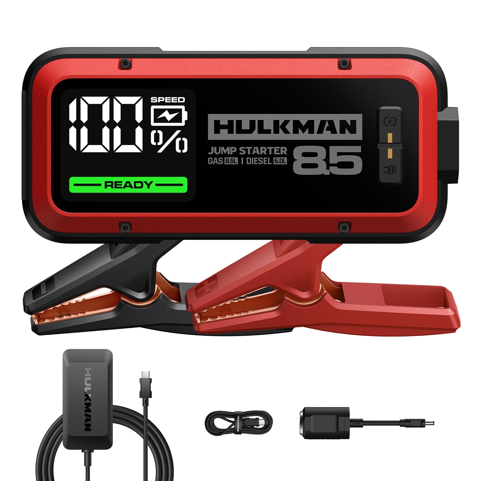 Hulkman Alpha85,Carmine Red,2000A 74Wh Car Jump Starter, Includes 65W Quick Charger,12V Portable Car Battery Jump Starter,Backup Power Bank,LED Display,Jumper Cables for up to 8.5L Gas/6.0L Diesel