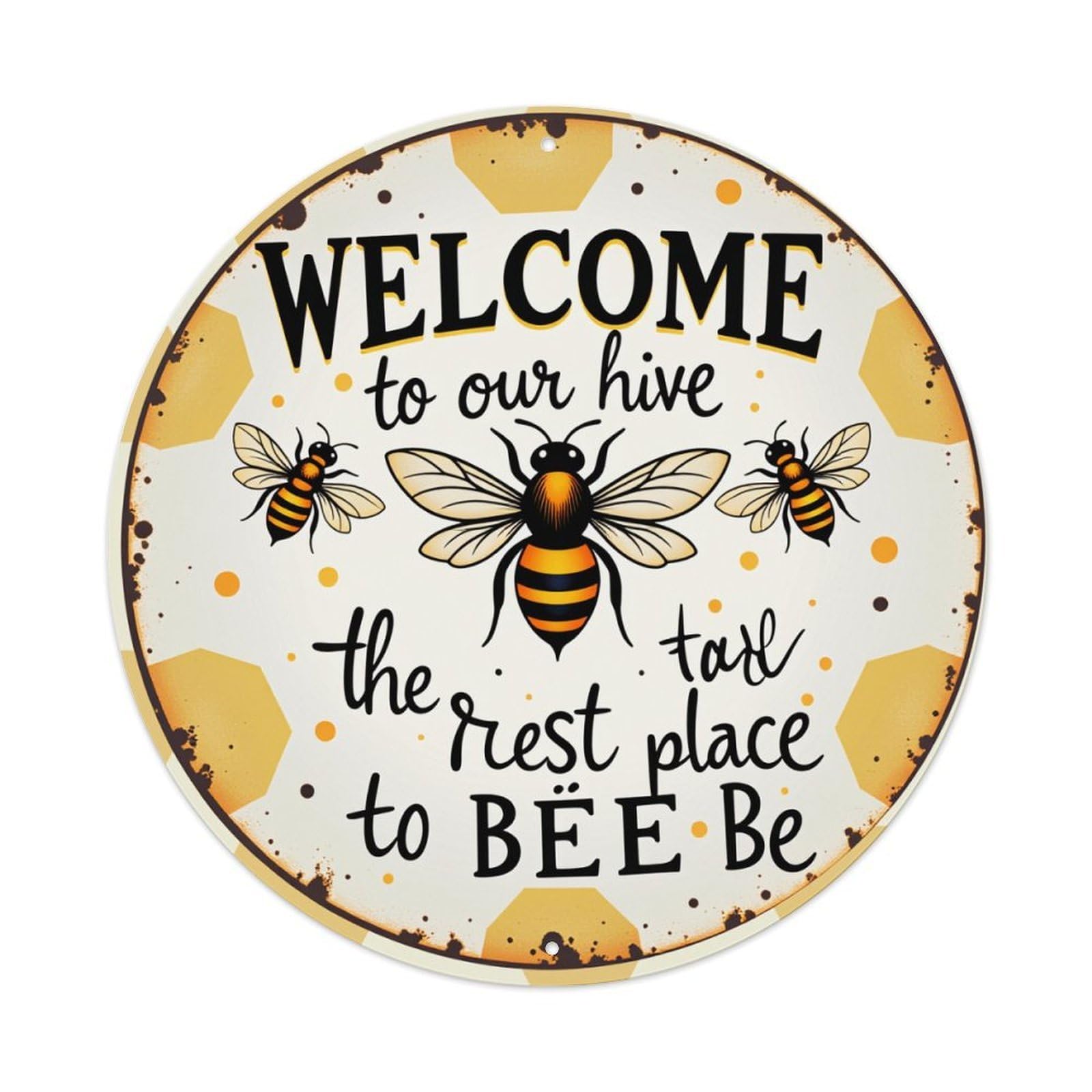 Bee Hive Welcome Sign Pattern Round Tin Sign Vintage Style Metal Sign Home Bar Garden Wall Plaque Decor Metal Poster 8x8 Inch