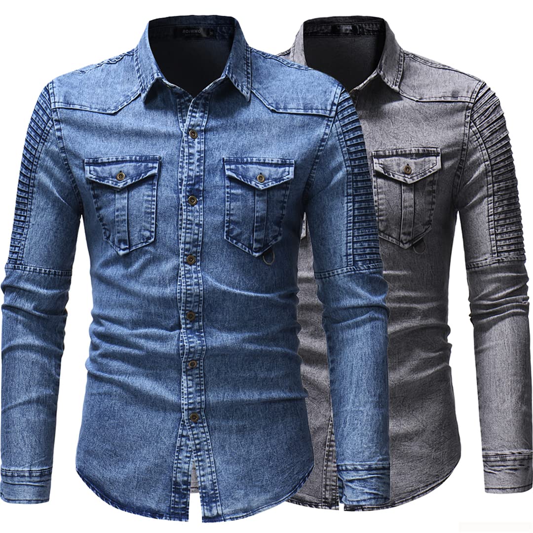 Camicia da lavoro casual da uomo in cotone a maniche lunghe con tasche frontali sul petto a due bottoni