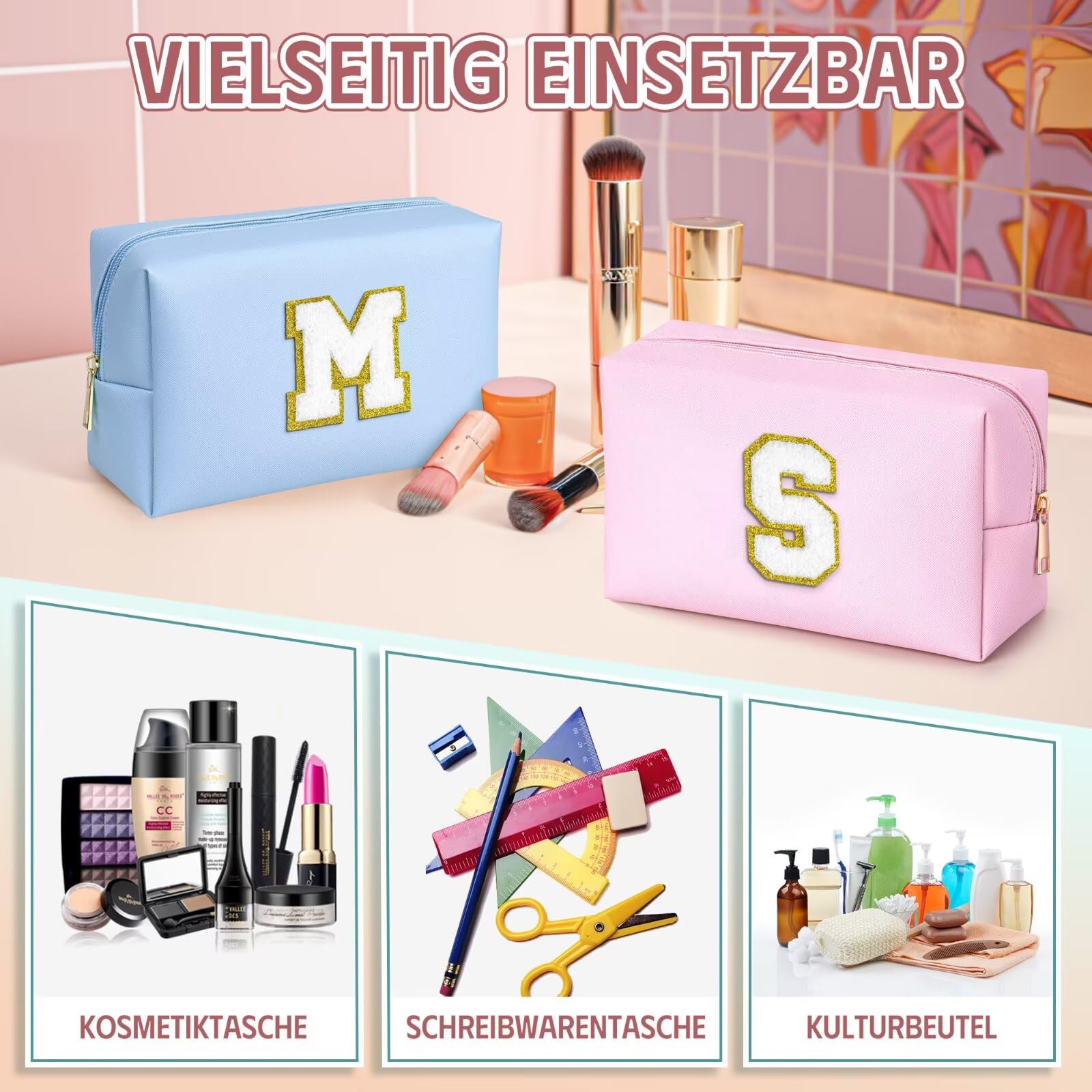 YOOLIFE Geschenk Mädchen 6 7 8 9 10 11 12 13 14 15 Jahre - Buchstaben Kosmetiktasche Damen Mädchen Schminktasche, Reise Make up Tasche, Teenager Geschenke für Damen Freund Schwester Mama, Rosa L - 3